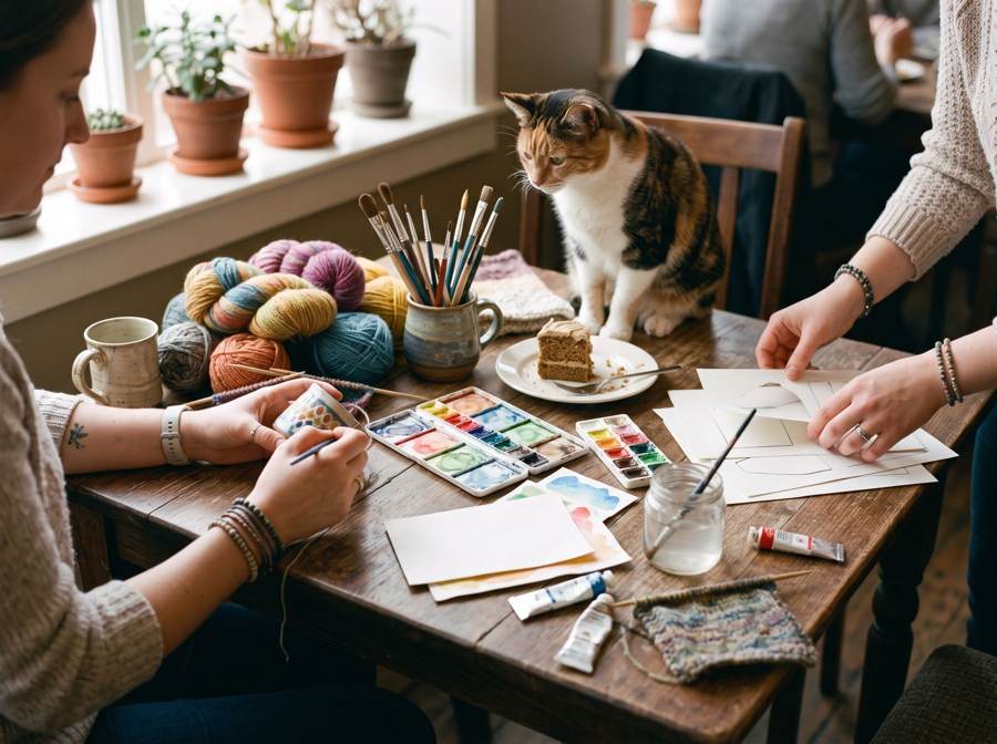 A craft session with a calico cat watching from the table