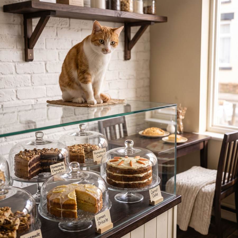 A cat watching over the cake counter