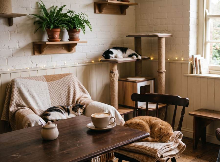 Cats napping around the café while a visitor reads with a cat on her lap